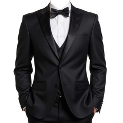 Formal attire, elegant black tuxedo with bow tie, perfect for gala events, showcasing sophistication and style. Isolated on white background or PNG
