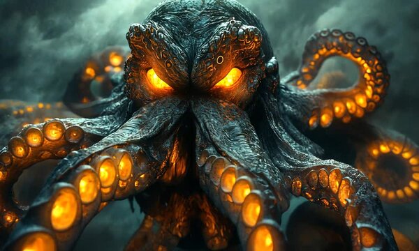 A menacing creature with glowing eyes and tentacles emerges from dark, stormy waters
