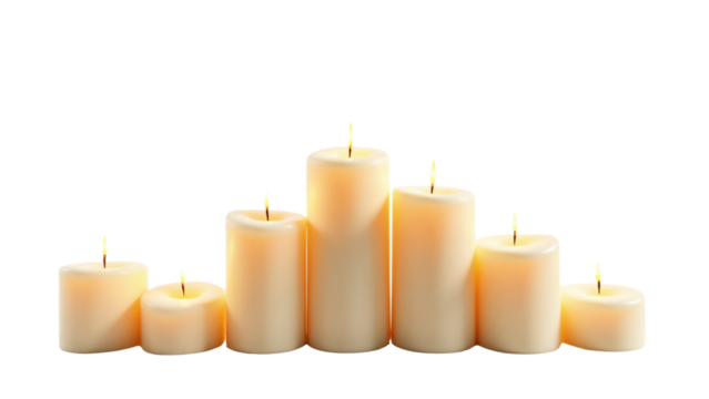 A serene collection of candles arranged in a line, isolated on transparent background for relaxation and meditation themes.