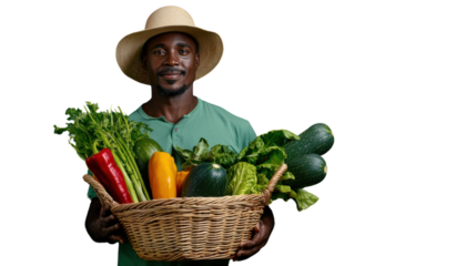 Smiling African Man Holding Wicker Basket Overflowing with Freshly Harvested Organic Vegetables and Fruits from His Farm  Concept of Healthy Sustainable Agriculture and Locally Grown Food