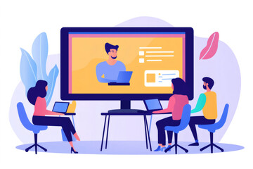 Fototapeta premium Business team having online meeting using video conference software on a big screen, working remotely from home or office