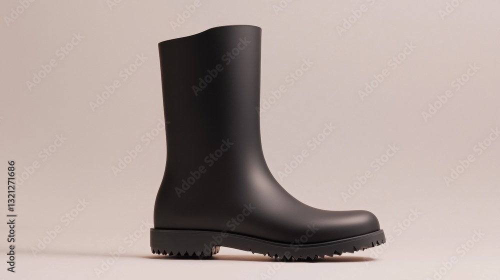 Poster black rubber boot with a round toe and a chunky sole. the boot appears to be made of a shiny, shiny 