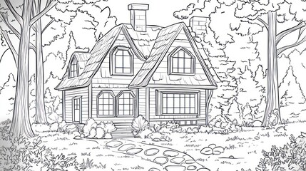 Naklejka premium Cozy forest cottage, stone path, trees, coloring book illustration