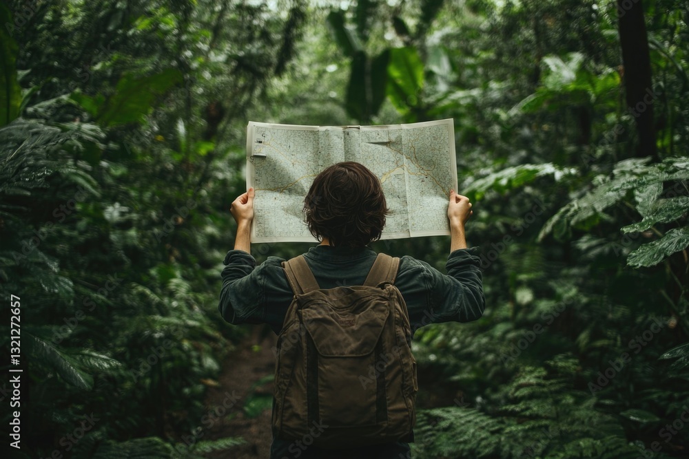 Poster a person holding a map stands amidst dense foliage, indicating they are trying to navigate through t