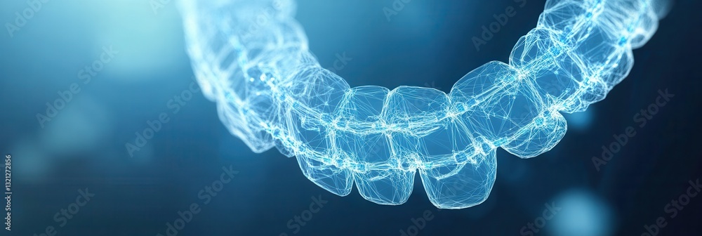 Poster stylized wireframe braces on gradient blue background with curved dental arch and soft glow effect s