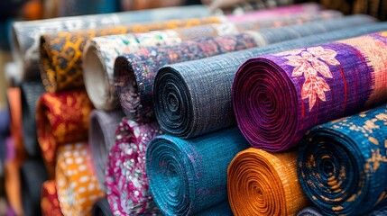 Bunch of colorful rolled-up rugs showcasing diverse patterns and textures for stylish home decor options and inspiration