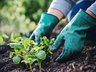 Planting seedlings in rich soil with green gardening gloves, nurturing growth