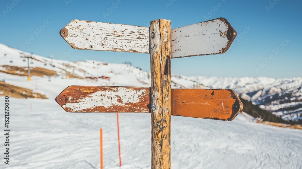 Poster wooden signpost with three arrows pointing in different directions. the signpost is located on a sno
