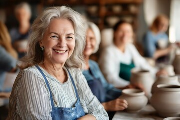Portrait of a smiling senior woman enjoying pottery class with other retired friends, promoting active aging and community engagement
