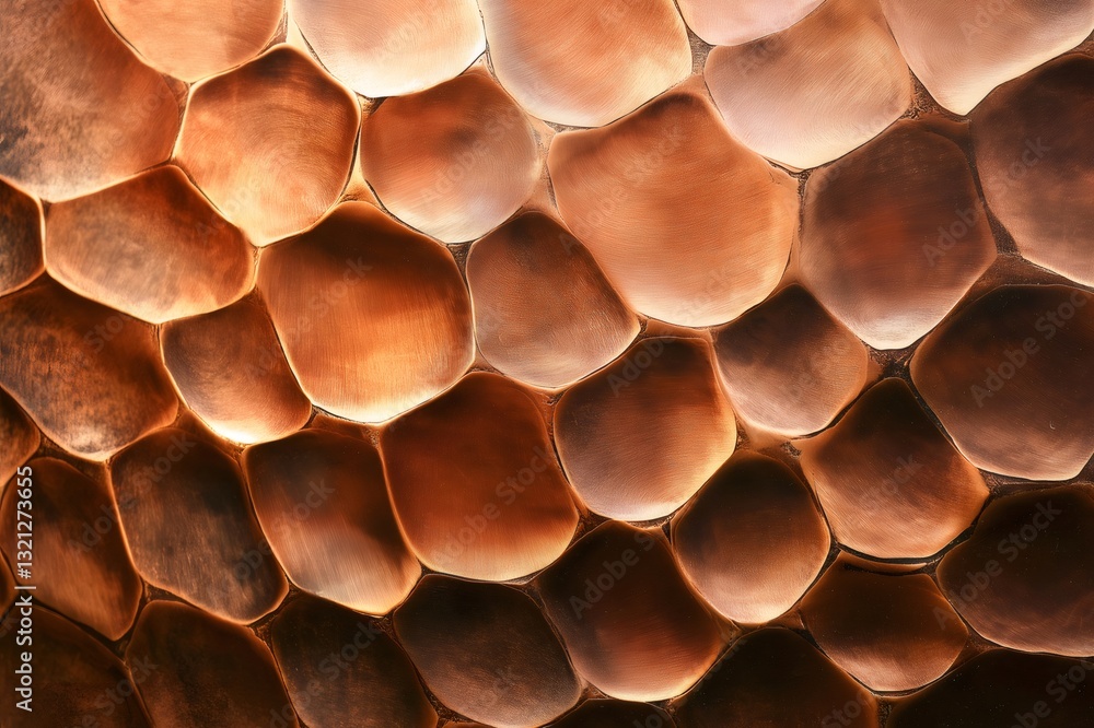 Poster close up of a hammered copper surface creating a textured pattern with warm, earthy tones, suitable 