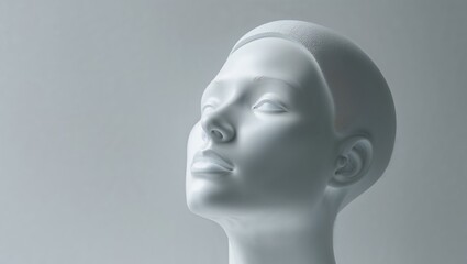 A serene white mannequin head looks upward