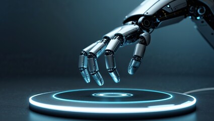 A robotic hand touching a glowing digital circular interface panel.