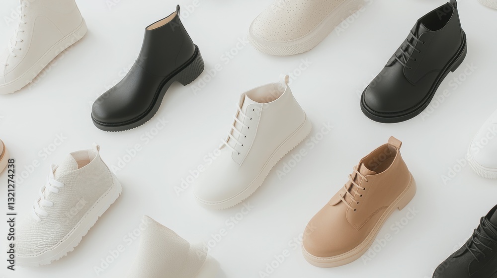 Poster collection of different types of shoes arranged in a grid-like pattern on a white background. there 