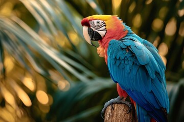 Obraz premium A stunning macaw parrot with vivid feathers sits gracefully on a palm tree branch, surrounded by lush tropical foliage and a bright blue sky.