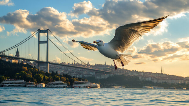 The 15th July Martyrs Bridge in Istanbul, Turkey, captured alongside a soaring seagull