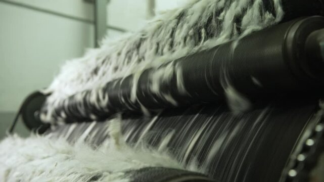 Close up shot of wool carding feather machine processes raw fibers