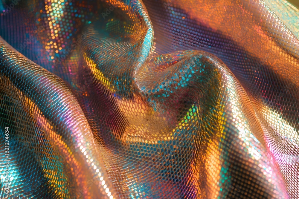 Poster iridescent holographic metallic pattern creating a vibrant and shifting texture, resembling scales o