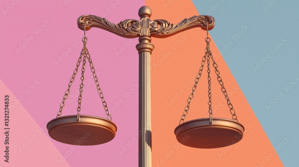 Poster digital illustration of a balance scale. the scale is made of metal and has a golden color. it is at