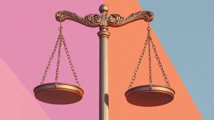 Digital illustration of a balance scale. the scale is made of metal and has a golden color. it is attached to a pole with two chains hanging from it.