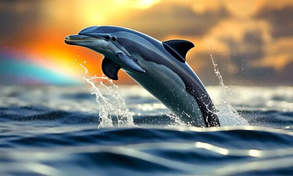 A playful dolphin leaps from the ocean waves against a vibrant sunset backdrop