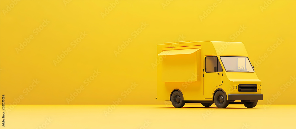 Poster 3d rendering of yellow food truck on wheels with empty shelf and copy space isolated on background