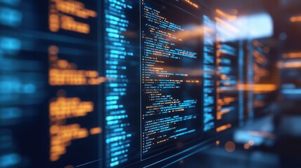 Digital interface displaying code aligned with golden ratio in a dark futuristic room with glowing screens at a tech hub