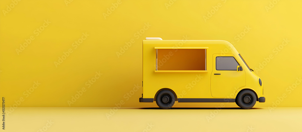 Poster 3d rendering of yellow food truck on wheels with empty shelf and copy space isolated on background