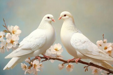 Fototapeta premium two white doves in love sitting on a blooming sakura branch, generative AI