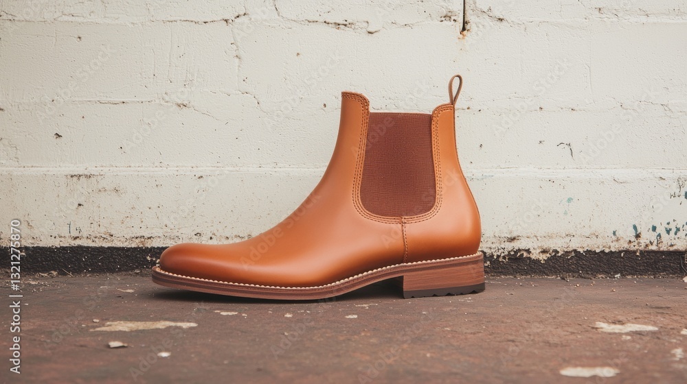 Poster brown leather ankle boot on a concrete surface. the boot has a round toe and a low heel. it has a pu
