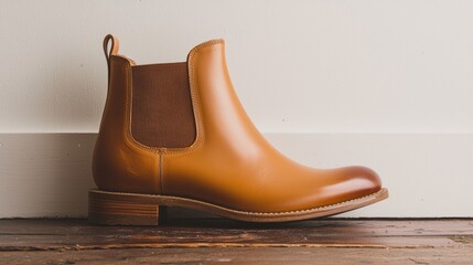 Brown leather ankle boot on a wooden surface. the boot has a round toe and a low heel. it has a pull tab on the top for easy on and off. the leather appears to be smooth and shiny.