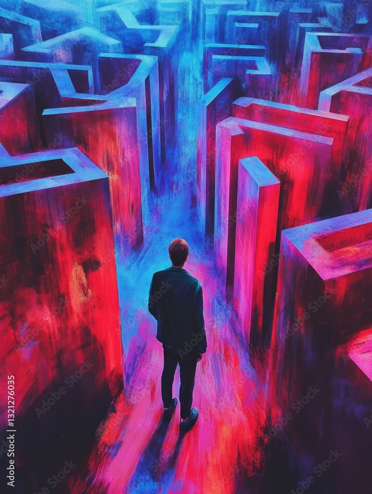 Poster a person stands before a mysterious maze, ready to navigate its twists and turns