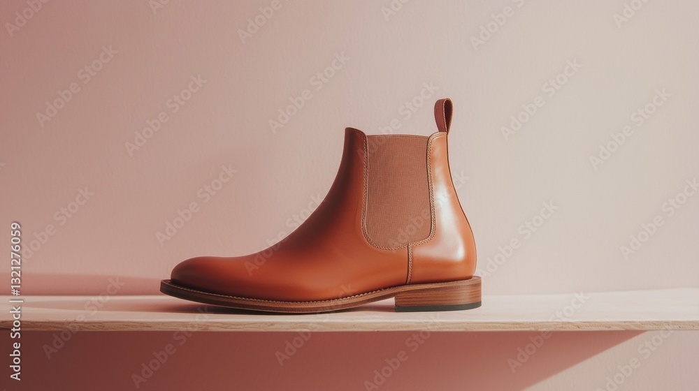 Poster brown leather ankle boot on a white surface. the boot has a round toe and a low heel. it has a pull 