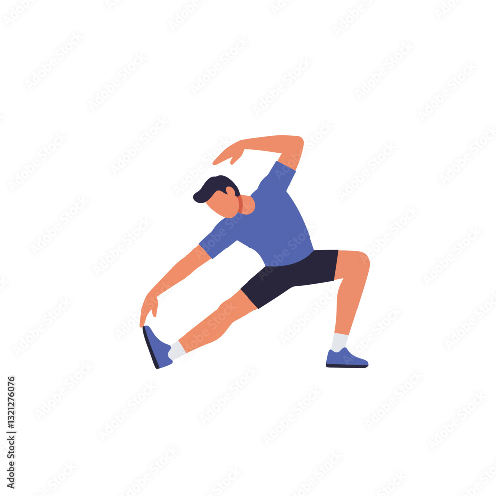 Poster man stretching his body in a dynamic pose using flat design vector art