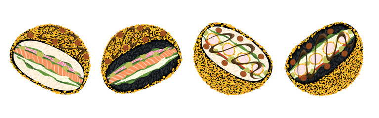 Set of hot sushi burgers with breaded shrimps, salmon meat, masago caviar, black rice with cuttlefish, soy sauce and unagi fried in breadcrumps. Hand drawn vector illustration in flat style