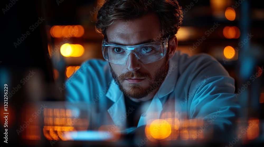 Poster A researcher in a lab focuses intently on quantum mechanics experiments involving qubits and superposition.