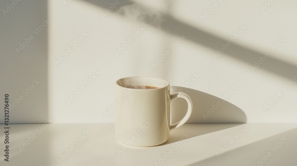 Poster white ceramic mug with a handle on a white surface. the mug is empty and is placed against a plain w