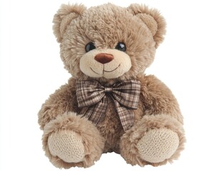 Obraz premium Adorable light brown teddy bear with plaid bow.