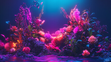 Fototapeta premium Vibrant floral display with glowing elements in a mystical underwater setting
