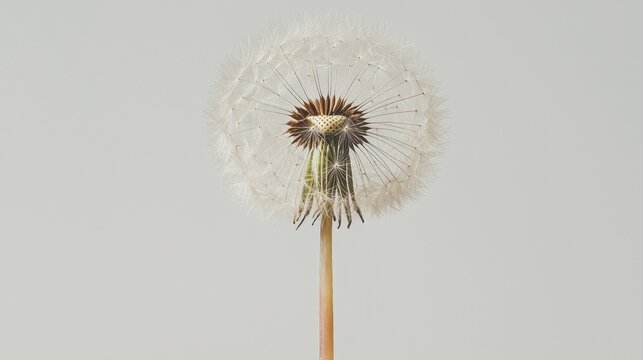 Close-up of a dandelion seed head. the seed head is in the center of the image, with its seeds spread out in all directions. the seeds are white and fluffy, and they are densely packed together.