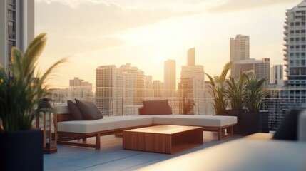 Serene rooftop lounge with city views at sunset offering ultimate relaxation