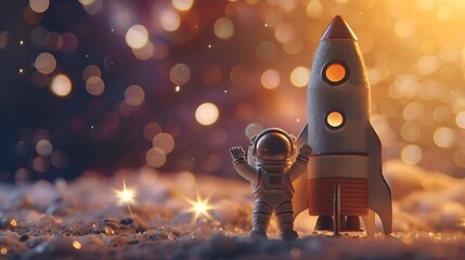 Miniature astronaut waving at a toy rocket with dreamy bokeh lights