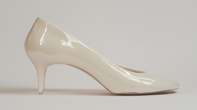 Photograph of a high-heeled shoe in a light beige color. the shoe has a pointed toe and a stiletto heel.