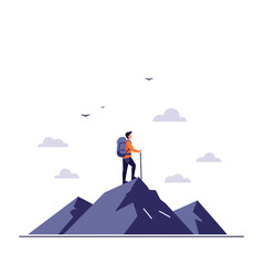 Hiker standing on mountain peak in minimal style vector art