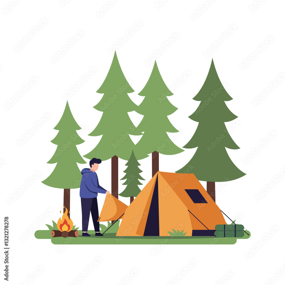 Poster camping scene with man setting up tent in flat vector art style