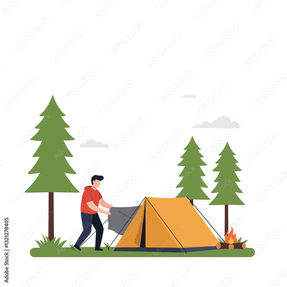 Poster man setting up a tent in a forest with flat vector art style vector illustration