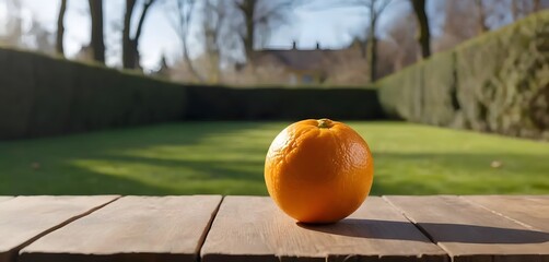 Photo of a fresh orange without leaves on a wooden table with an orange grove in the background