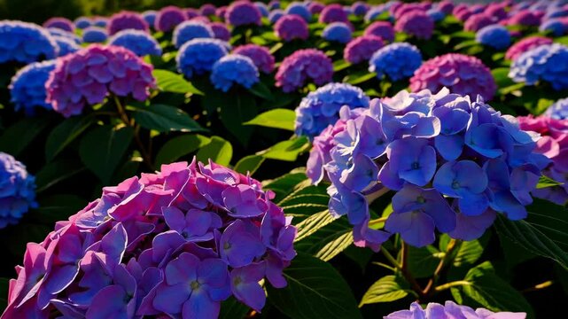 Colorful hydrangeas blooming with Mount Kaimon in the background, Kagoshima Prefecture, Kyushu, Japan
