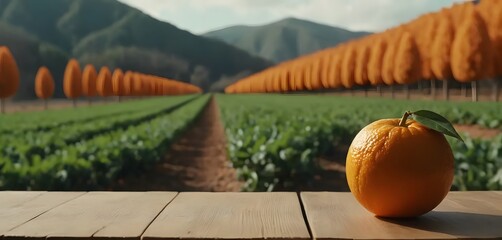 Photo of a fresh orange without leaves on a wooden table with an orange grove in the background