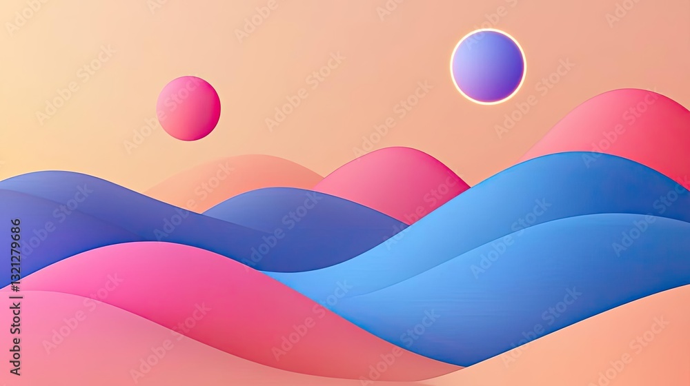Poster 3d abstract art background concept. colorful abstract landscape with smooth waves and floating spher