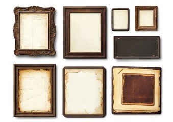 Assorted antique picture frames, various sizes and styles.  Different aged papers and textures are showcased within